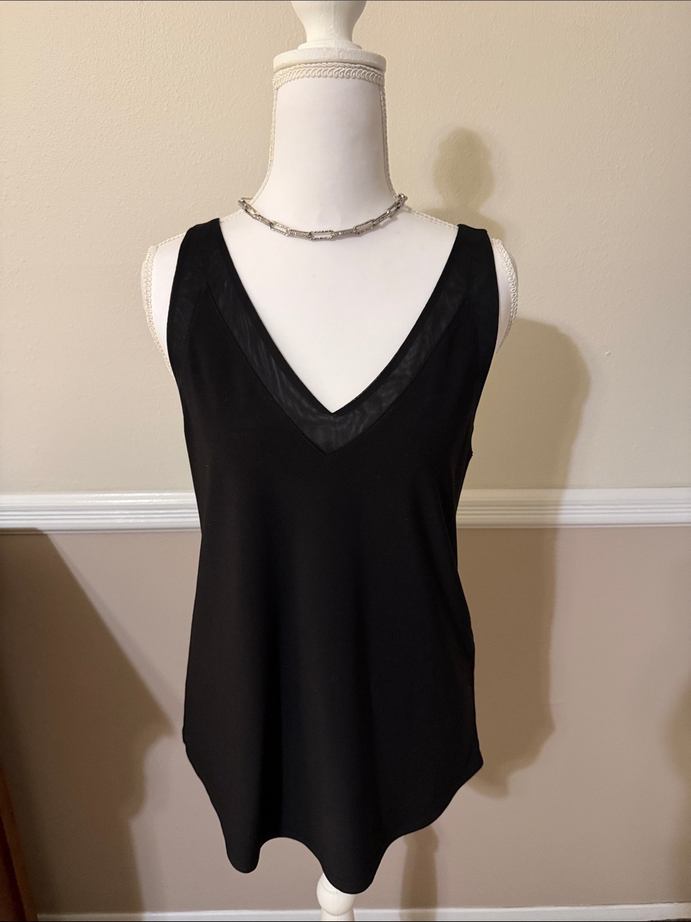 White House Black Market Black V-Neck Shell with Sheer Trim